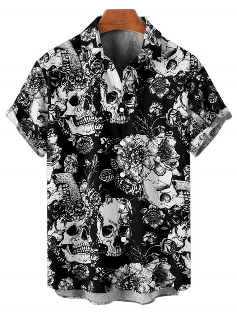 Chemise gothique à manches courtes et boutons pour homme, motif floral et feuilles, motif tête de mort, style vacances