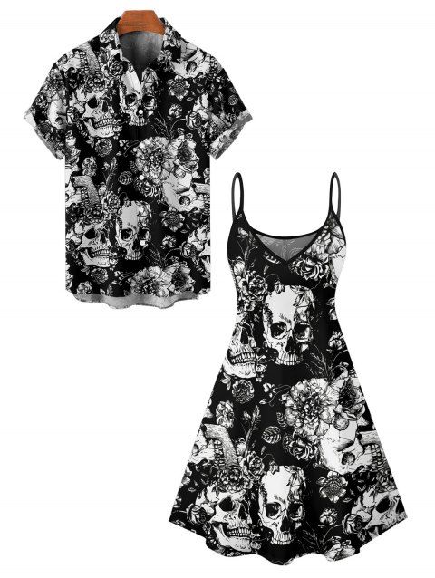 Gothic Couple Outfit Allover Skulls Floral Leaf Pattern Spaghetti Strap V Neck A Line Mini Tank Dress and Roll Up Sleeve Shirt Vacation Matching Outfit