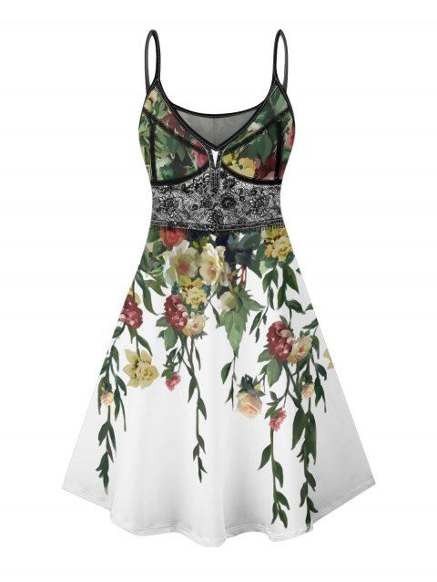 Robe de vacances transparente à empiècements en dentelle et motif floral et feuilles, bretelles spaghetti, col en V, coupe trapèze, mini-robe débardeur
