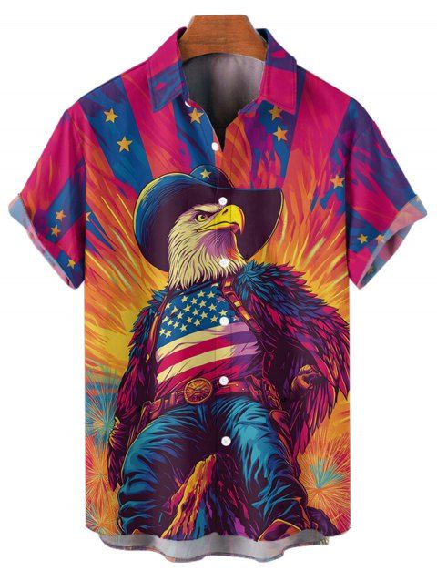 Chemise patriotique boutonnée à manches courtes et retroussables pour homme avec motif aigle de feu et drapeau américain