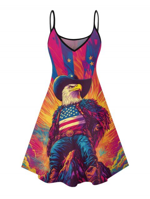 Robe de fête de l'indépendance à motif d'aigle de feu avec drapeau américain, bretelles spaghetti, col en V, ligne A, mini-robe débardeur patriotique