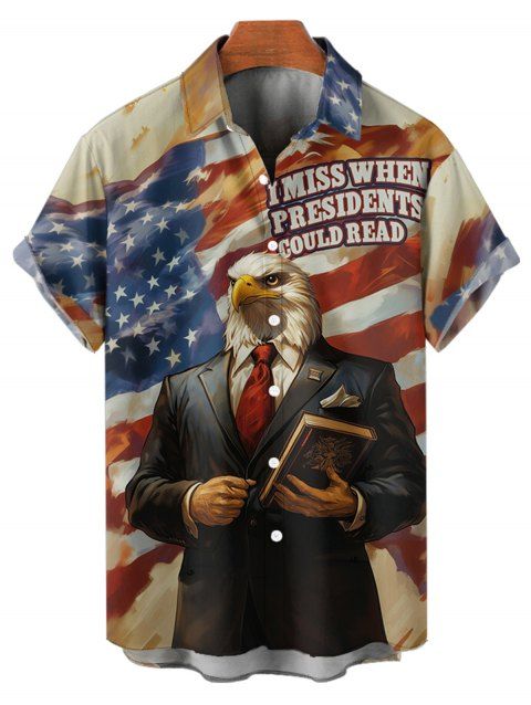 Chemise patriotique boutonnée à manches courtes et enroulable pour homme avec motif aigle et livre, motif drapeau américain, pour le jour de l'indépendance