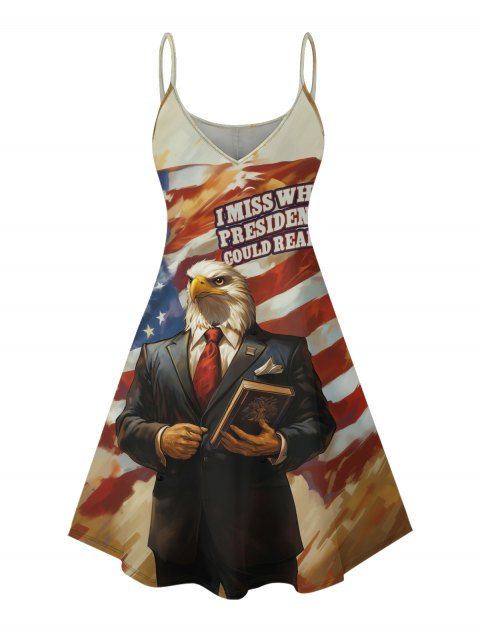 Robe de fête de l'indépendance à bretelles spaghetti et col en V, motif aigle et professeur avec livre, mini-robe patriotique