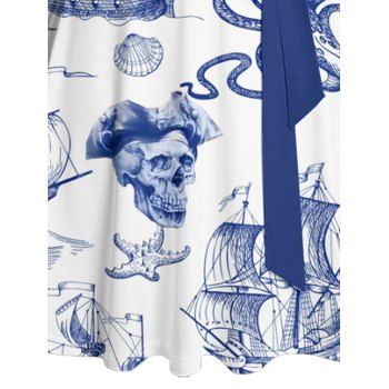 Contrast Color Sailing Anchor Starfish Skulls Ocean Elements Pattern Beach Dress Ruched Bust Sweetheart Neck Belt A Line Mini Vacation Dress