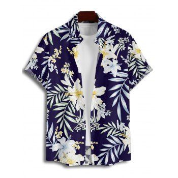 Vacation Couple Outfit Allover Floral Leaf Pattern Ruched Bust Sweetheart Neck Belt A Line Mini Dress and Roll Up Sleeve Shirt Matching Outfit