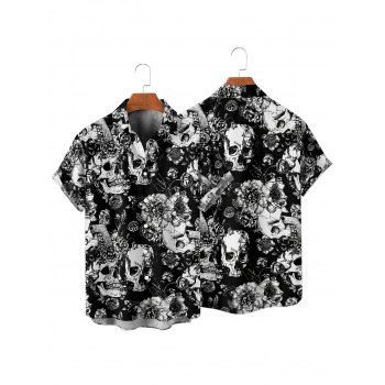 Men's Allover Skulls Floral Leaf Pattern Gothic Shirt Roll Up Short Sleeve Button Up Vacation Shirt