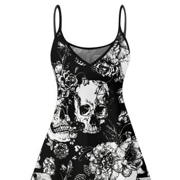 Allover Skulls Floral Leaf Pattern Gothic Dress Spaghetti Strap V Neck A Line Mini Vacation Tank Dress