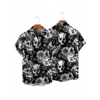 Gothic Couple Outfit Allover Skulls Floral Leaf Pattern Spaghetti Strap V Neck A Line Mini Tank Dress and Roll Up Sleeve Shirt Vacation Matching Outfit