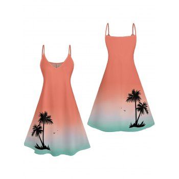 Palm Tree Print Hawaii Vacation Dress Spaghetti Strap V Neck Mini Dress