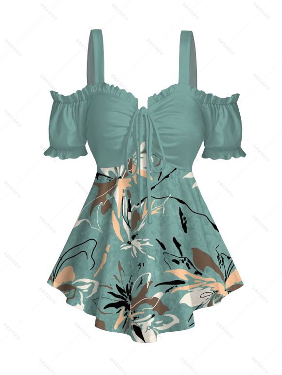 Casual Women Outfit Flower Printed Ruffle Off The Shoulder Bowknot Tee and Plain Color Striped Crossover Skinny Long Pants Two Piece Set - Vert clair S | US 4