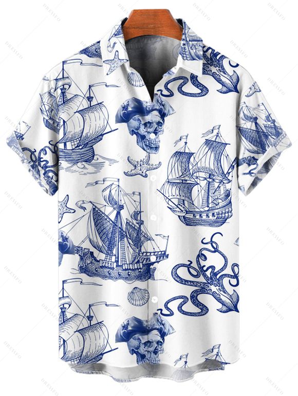 T-Shirt Manches Courtes à Imprimé Voilier Crâne et Etoile de Mer avec Boutons pour Hommes - Bleu profond S