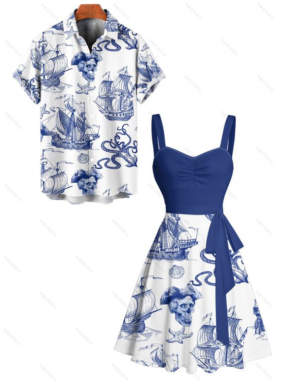 Beach Couple Outfit Sailing Anchor Starfish Skulls Ocean Elements Pattern Ruched Bust Sweetheart Neck Belt A Line Mini Dress and Roll Up Sleeve Shirt Vacation Matching Outfit - DEEP BLUE S | US 4