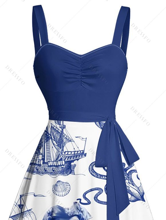 Robe de Plage Ligne A en Couleur Contrastée Motif de Crâne Etoile de Mer et de Mer Ceinturée - Bleu profond S | US 4