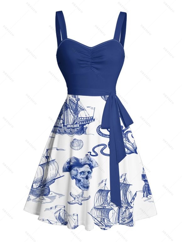 Robe de Plage Ligne A en Couleur Contrastée Motif de Crâne Etoile de Mer et de Mer Ceinturée - Bleu profond L | US 8-10