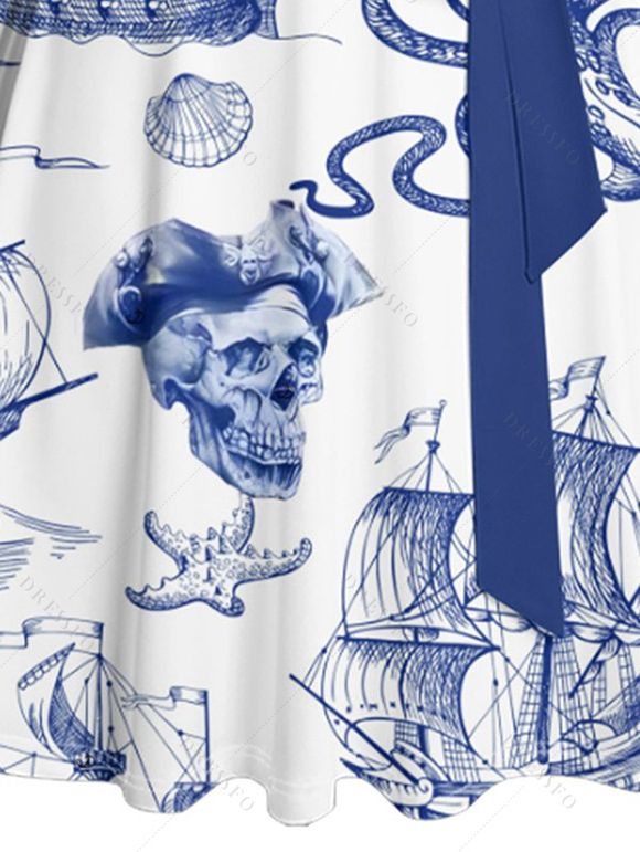 Robe de Plage Ligne A en Couleur Contrastée Motif de Crâne Etoile de Mer et de Mer Ceinturée - Bleu profond S | US 4