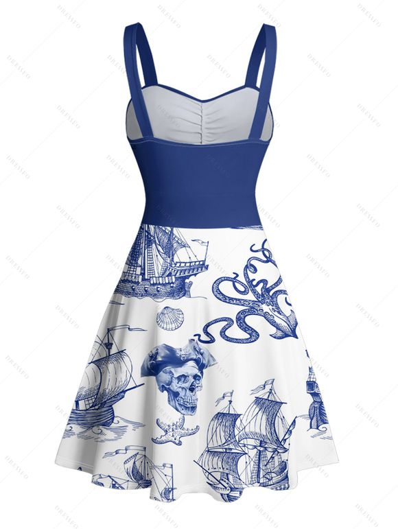 Robe de Plage Ligne A en Couleur Contrastée Motif de Crâne Etoile de Mer et de Mer Ceinturée - Bleu profond S | US 4