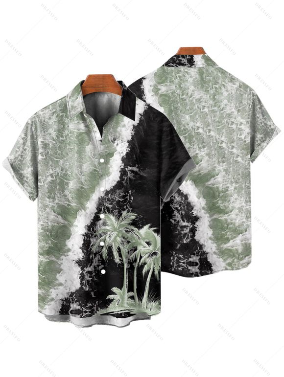 Chemise de Vacances en Couleur Contrastée Arbre Noix de Coco Imprimé Boutonnée à Manches Roulées pour Homme - Vert clair S