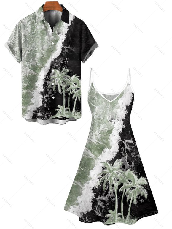Vacation Couple Outfit Contrast Color Printed Coconut Tree Pattern Spaghetti Strap A Line Mini Dress and Roll Up Sleeve Shirt Matching Outfit - Vert clair S | US 4