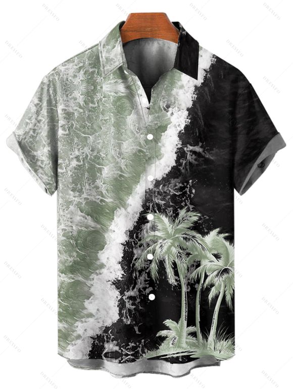 Vacation Couple Outfit Contrast Color Printed Coconut Tree Pattern Spaghetti Strap A Line Mini Dress and Roll Up Sleeve Shirt Matching Outfit - Vert clair S | US 4