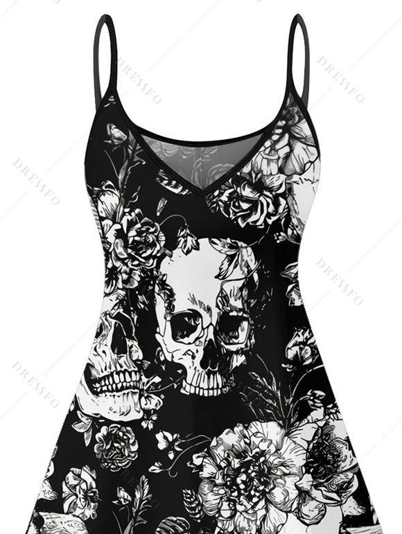 Robe gothique à motif floral et feuilles, motif tête de mort, bretelles spaghetti, col en V, coupe trapèze, mini-robe de vacances - Noir XXXL | US 16