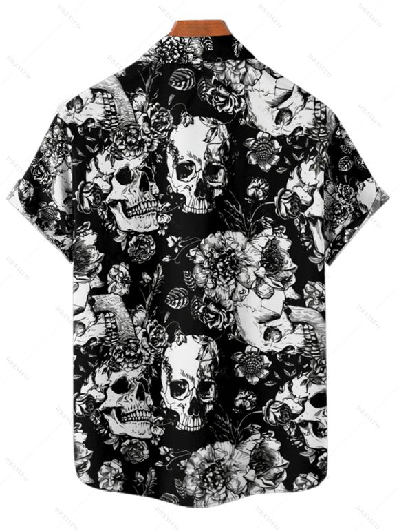 Chemise gothique à manches courtes et boutons pour homme, motif floral et feuilles, motif tête de mort, style vacances - Noir 4XL
