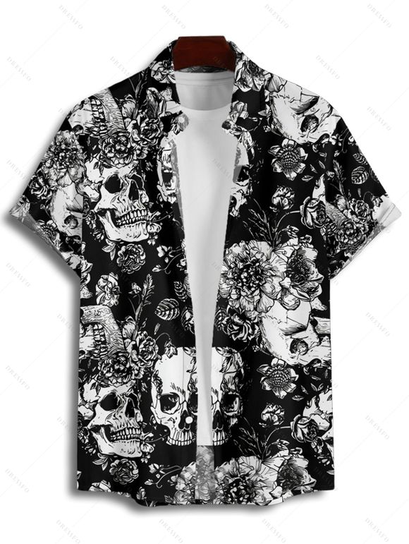 Chemise gothique à manches courtes et boutons pour homme, motif floral et feuilles, motif tête de mort, style vacances - Noir 4XL