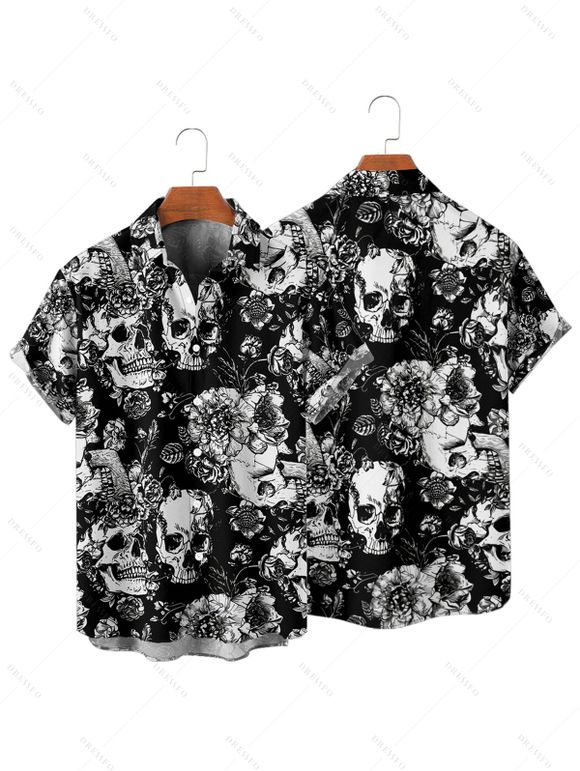 Chemise gothique à manches courtes et boutons pour homme, motif floral et feuilles, motif tête de mort, style vacances - Noir 4XL
