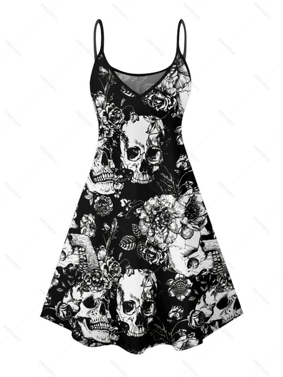 Gothic Couple Outfit Allover Skulls Floral Leaf Pattern Spaghetti Strap V Neck A Line Mini Tank Dress and Roll Up Sleeve Shirt Vacation Matching Outfit - Noir S | US 4