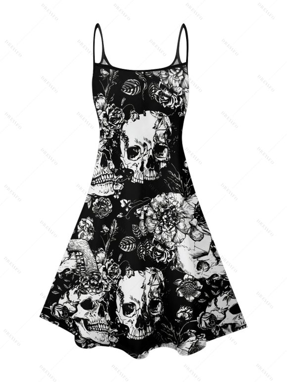 Gothic Couple Outfit Allover Skulls Floral Leaf Pattern Spaghetti Strap V Neck A Line Mini Tank Dress and Roll Up Sleeve Shirt Vacation Matching Outfit - Noir S | US 4