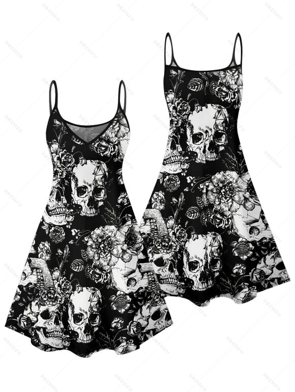 Gothic Couple Outfit Allover Skulls Floral Leaf Pattern Spaghetti Strap V Neck A Line Mini Tank Dress and Roll Up Sleeve Shirt Vacation Matching Outfit - Noir S | US 4