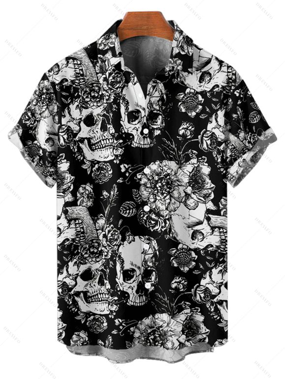 Gothic Couple Outfit Allover Skulls Floral Leaf Pattern Spaghetti Strap V Neck A Line Mini Tank Dress and Roll Up Sleeve Shirt Vacation Matching Outfit - Noir S | US 4