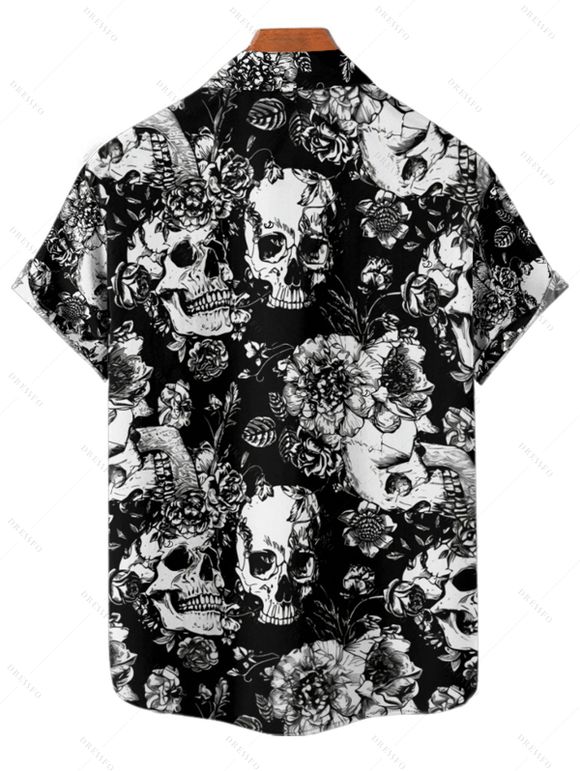 Gothic Couple Outfit Allover Skulls Floral Leaf Pattern Spaghetti Strap V Neck A Line Mini Tank Dress and Roll Up Sleeve Shirt Vacation Matching Outfit - Noir S | US 4