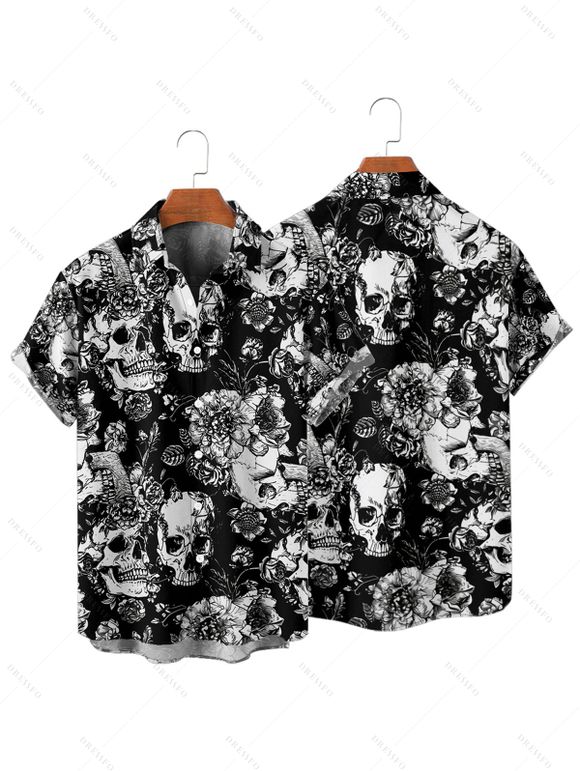 Gothic Couple Outfit Allover Skulls Floral Leaf Pattern Spaghetti Strap V Neck A Line Mini Tank Dress and Roll Up Sleeve Shirt Vacation Matching Outfit - Noir S | US 4