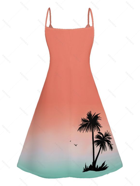 Ombre Palm Tree Print Hawaii Vacation Spaghetti Strap V Neck A Pendulum Mini Dress And Short Sleeve Shirt Matching Outfit - Orange S | US 4