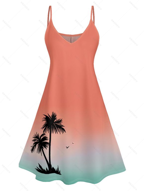 Ombre Palm Tree Print Hawaii Vacation Spaghetti Strap V Neck A Pendulum Mini Dress And Short Sleeve Shirt Matching Outfit - Orange S | US 4