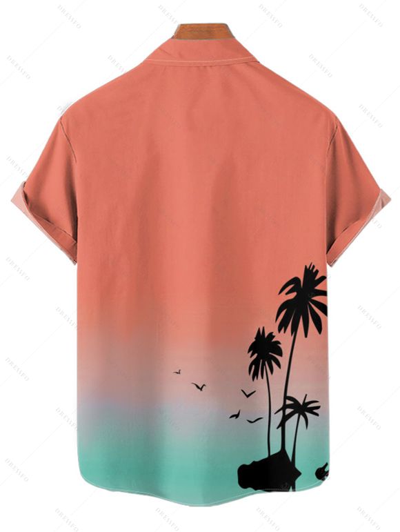 Ombre Palm Tree Print Hawaii Vacation Spaghetti Strap V Neck A Pendulum Mini Dress And Short Sleeve Shirt Matching Outfit - Orange S | US 4