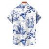 T-Shirt Manches Courtes à Imprimé Voilier Crâne et Etoile de Mer avec Boutons pour Hommes - Bleu profond S