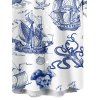 T-Shirt Manches Courtes à Imprimé Voilier Crâne et Etoile de Mer avec Boutons pour Hommes - Bleu profond S