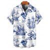 T-Shirt Manches Courtes à Imprimé Voilier Crâne et Etoile de Mer avec Boutons pour Hommes - Bleu profond S