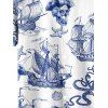T-Shirt Manches Courtes à Imprimé Voilier Crâne et Etoile de Mer avec Boutons pour Hommes - Bleu profond S