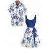 Beach Couple Outfit Sailing Anchor Starfish Skulls Ocean Elements Pattern Ruched Bust Sweetheart Neck Belt A Line Mini Dress and Roll Up Sleeve Shirt Vacation Matching Outfit - DEEP BLUE S | US 4