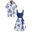 Beach Couple Outfit Sailing Anchor Starfish Skulls Ocean Elements Pattern Ruched Bust Sweetheart Neck Belt A Line Mini Dress and Roll Up Sleeve Shirt Vacation Matching Outfit - Noir S | US 4