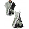 Vacation Couple Outfit Contrast Color Printed Coconut Tree Pattern Spaghetti Strap A Line Mini Dress and Roll Up Sleeve Shirt Matching Outfit - Vert clair S | US 4