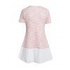 T-shirt 2 en 1 décontracté à manches courtes et col rond, imprimé texturé colorblock, avec empiècement en dentelle festonnée et faux twinset - Rose clair S | US 4