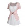 T-shirt 2 en 1 décontracté à manches courtes et col rond, imprimé texturé colorblock, avec empiècement en dentelle festonnée et faux twinset - Rose clair XL | US 12
