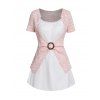 T-shirt 2 en 1 décontracté à manches courtes et col rond, imprimé texturé colorblock, avec empiècement en dentelle festonnée et faux twinset - Rose clair XL | US 12