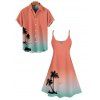 Ombre Palm Tree Print Hawaii Vacation Spaghetti Strap V Neck A Pendulum Mini Dress And Short Sleeve Shirt Matching Outfit - Orange S | US 4