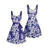 Robe de vacances à imprimé floral et feuilles, buste froncé, col en cœur, ceinture, mini-robe trapèze - Bleu profond XXXXXL | US 20