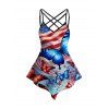 Independence Day Women Outfit Butterfly American Flag Pattern Lattice Strap Pointed Hem Tank Top and Lace Up Capri Leggings Patriotic Two Piece Set - multicolor S | US 4
