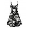 Robe gothique à motif floral et feuilles, motif tête de mort, bretelles spaghetti, col en V, coupe trapèze, mini-robe de vacances - Noir XXXXXL | US 20